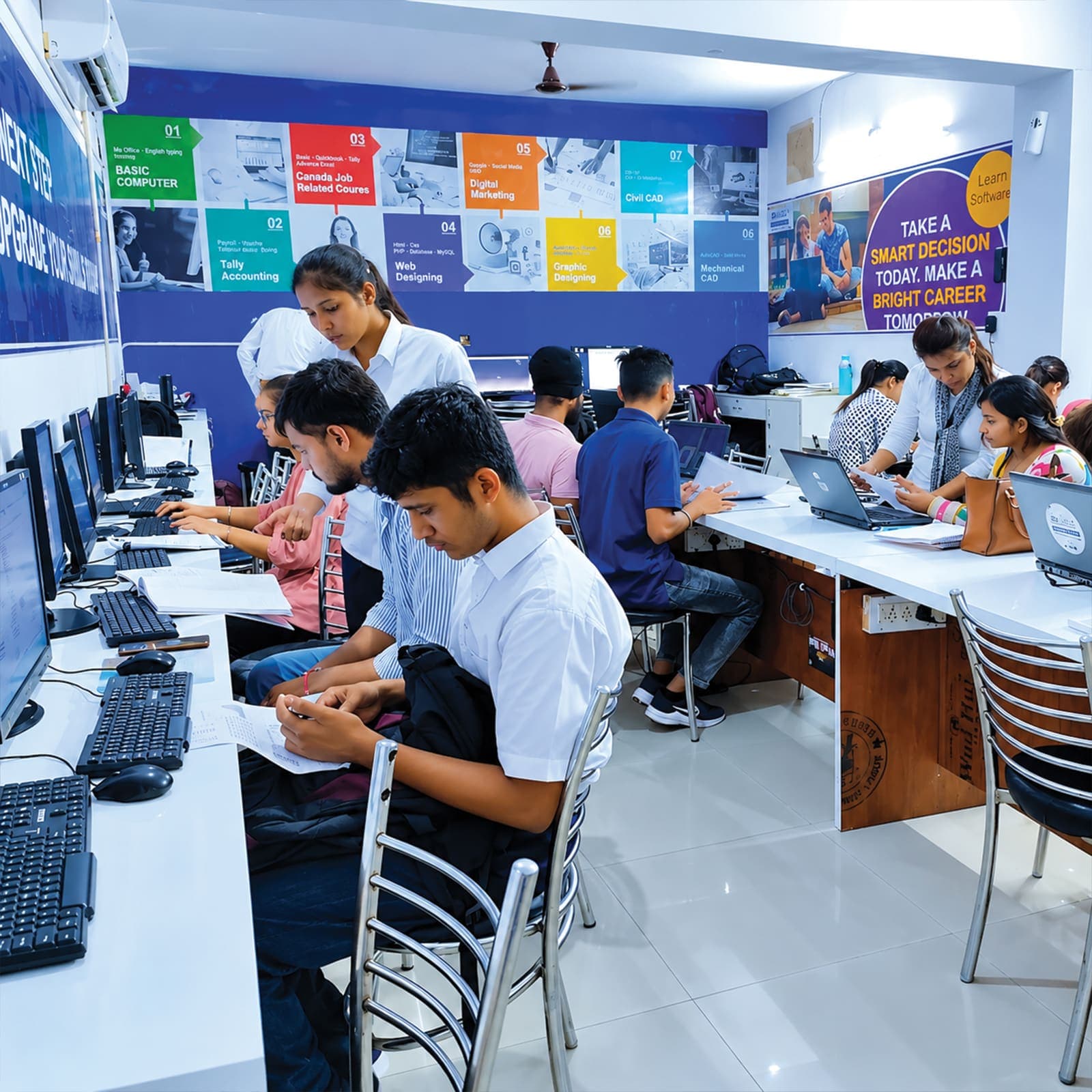 Mentors helping students in a TechCADD computer lab