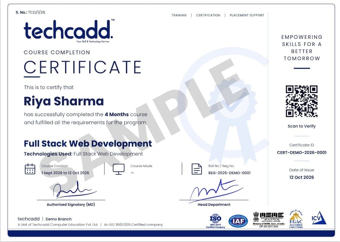 Sample TechCADD course completion certificate