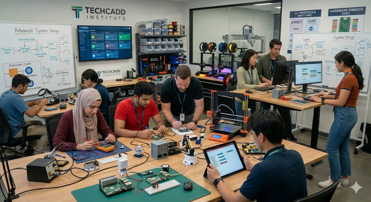 Students learning coding and digital technology skills in a modern Techcadd training classroom with instructor guidance.